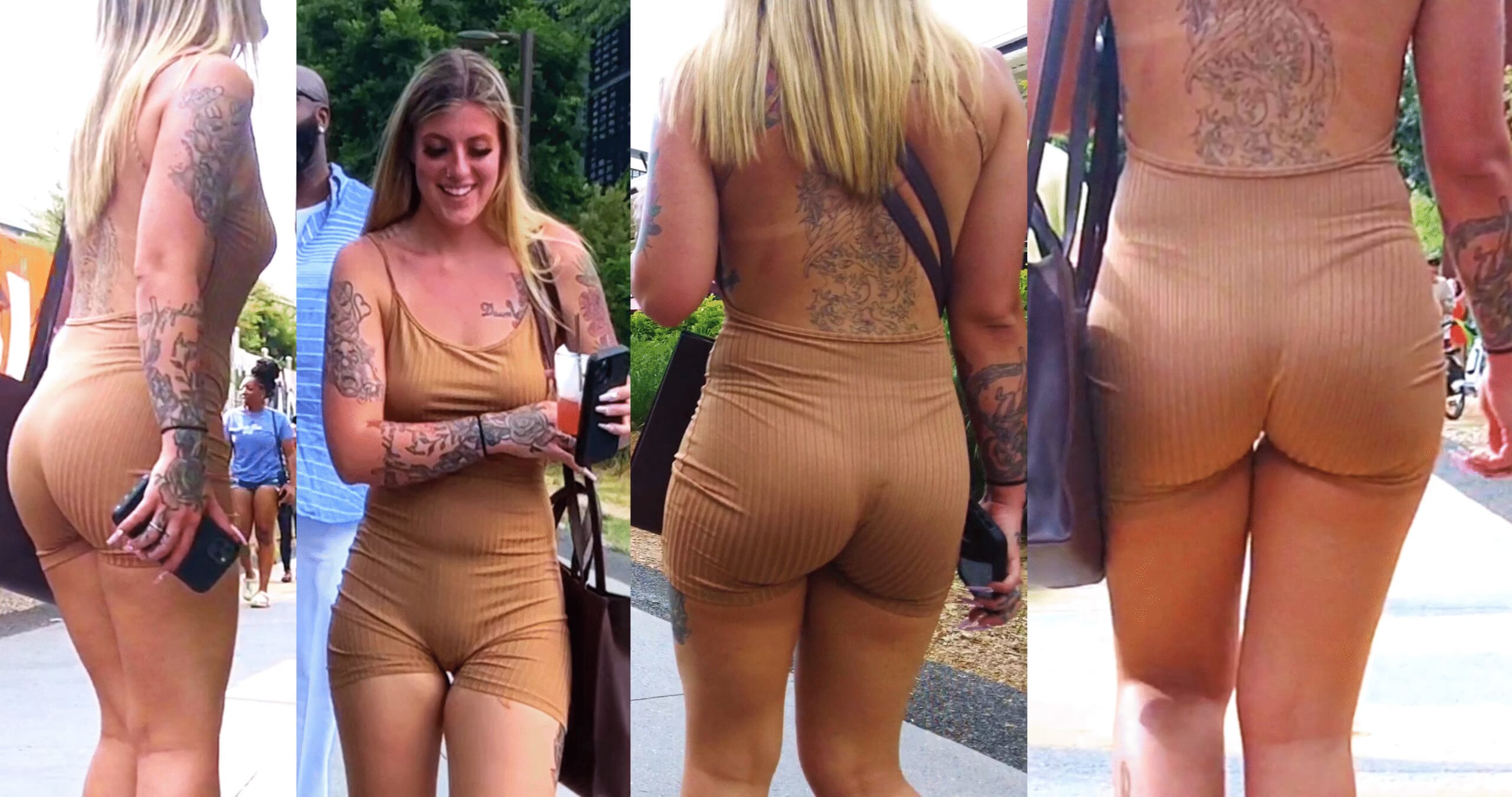 JF-514 Tattooed Blondie in Tight AF Onesie at the Park